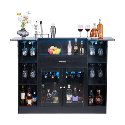 VEVOR Home Bar Unit, Wine Bar Cabinet Table 4-Tier with Storage Drawer Shelves, Wine Glass Holder, Bottle Rack, LED Light, Wood & Metal Liquor Cabinet for Home, Basement, Kitchen, Living Room, Black - View 10