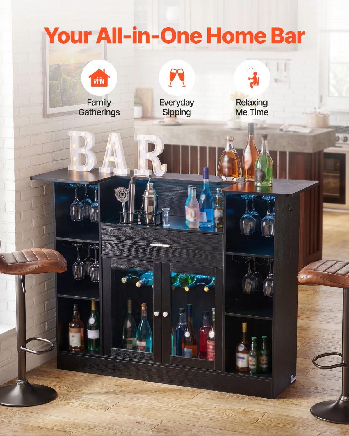 VEVOR Home Bar Unit, Wine Bar Cabinet Table 4-Tier with Storage Drawer Shelves, Wine Glass Holder, Bottle Rack, LED Light, Wood & Metal Liquor Cabinet for Home, Basement, Kitchen, Living Room, Black