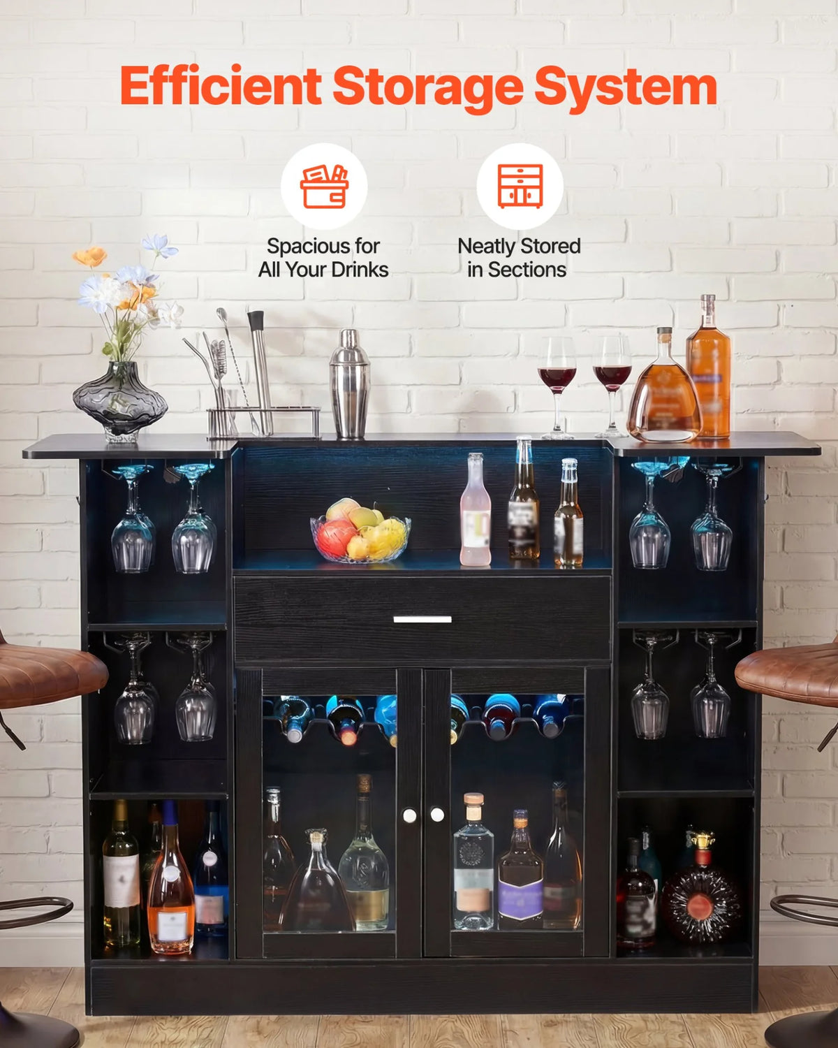 VEVOR Home Bar Unit, Wine Bar Cabinet Table 4-Tier with Storage Drawer Shelves, Wine Glass Holder, Bottle Rack, LED Light, Wood & Metal Liquor Cabinet for Home, Basement, Kitchen, Living Room, Black - View 2