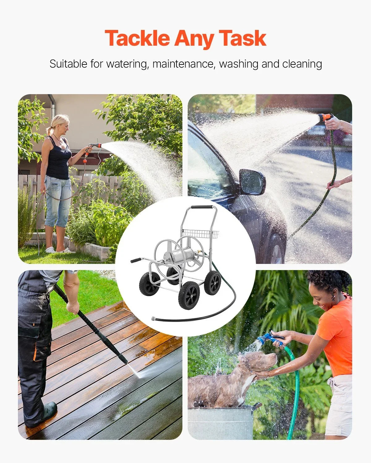 VEVOR Hose Reel Cart, Hold Up to 250 ft of 5/8’’ Hose, Garden Water Hose Carts Mobile Tools with 4 Wheels, Heavy Duty Powder-coated Steel Outdoor Planting with Storage Basket, for Garden, Yard, Lawn - View 7
