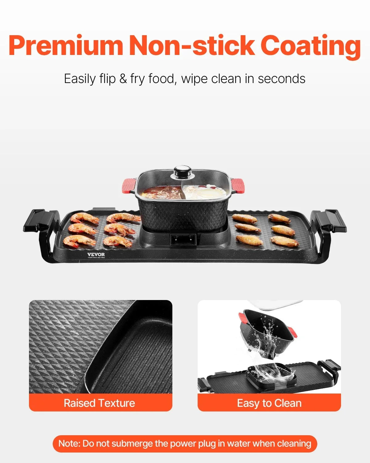 VEVOR Hot Pot with Grill, 2300W 2-in-1 Electric Smokeless Grill and Hot Pot, Removable Shabu-shabu Hotpot with Non-stick Pan, Separate Dual Temperature Control, Indoor Korean BBQ for 1-6 People - View 4