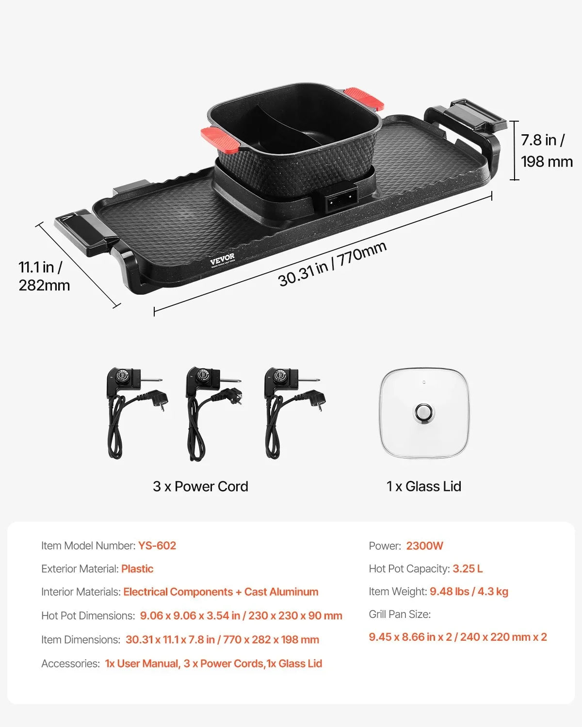 VEVOR Hot Pot with Grill, 2300W 2-in-1 Electric Smokeless Grill and Hot Pot, Removable Shabu-shabu Hotpot with Non-stick Pan, Separate Dual Temperature Control, Indoor Korean BBQ for 1-6 People - View 6