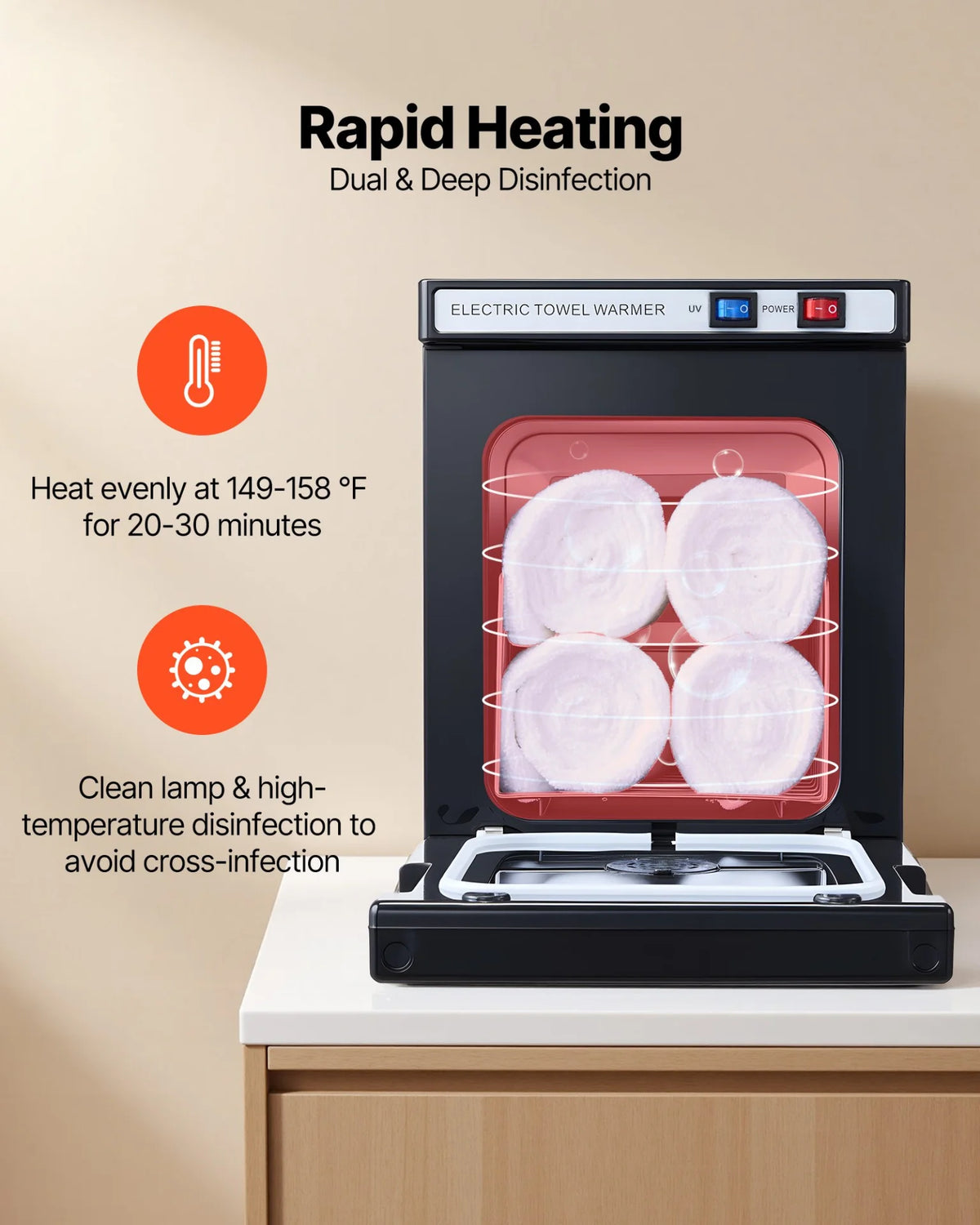 VEVOR Hot Towel Warmer, 1.1 gal Small Towel Warmer Cabinet with Clip & Stainless Steel Rack, Holds up 8-12 Towels, Portable All-Round Heating Cabinet for Spa, Barber, Manicures, Massage, Salon, Black - View 2