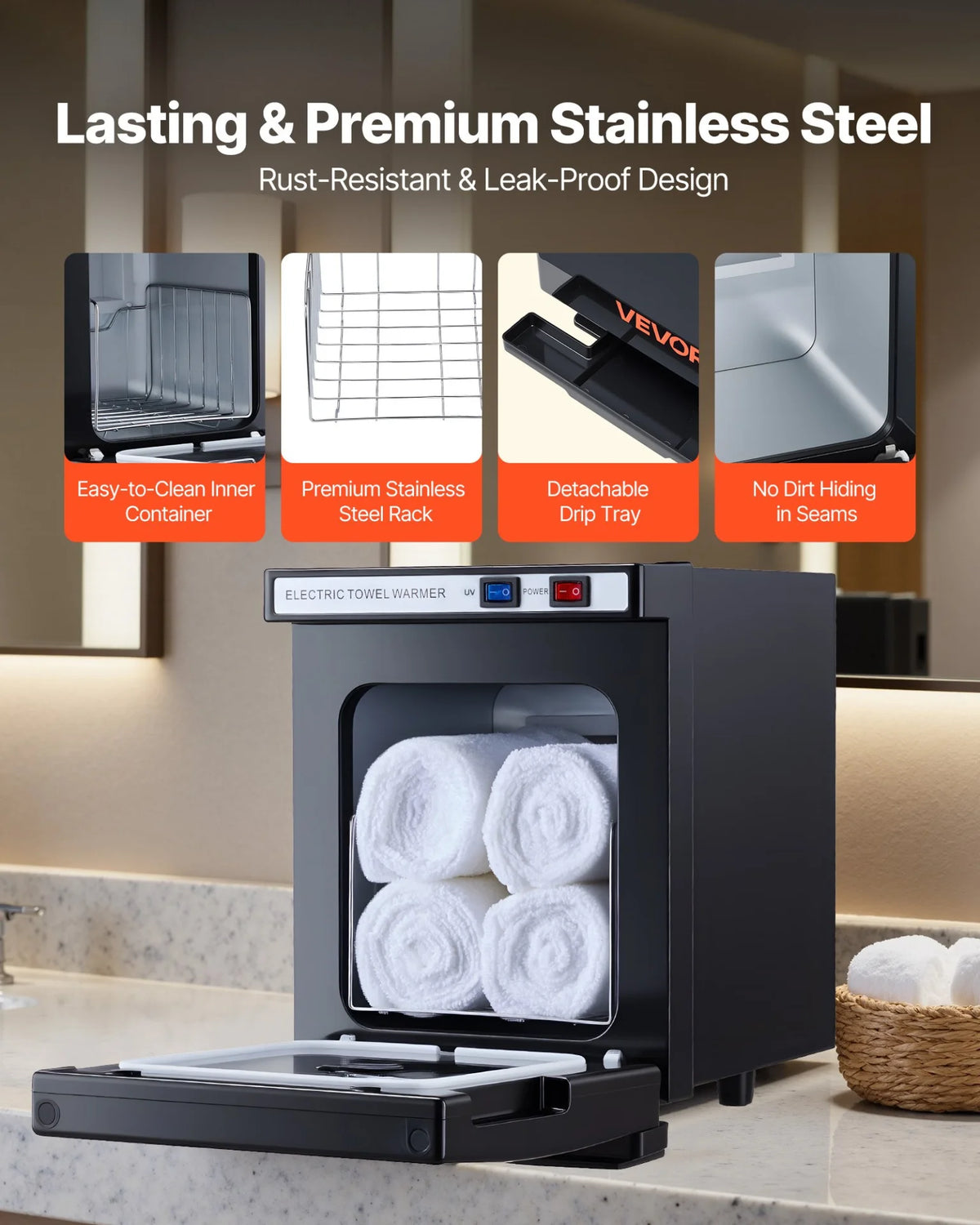 VEVOR Hot Towel Warmer, 1.1 gal Small Towel Warmer Cabinet with Clip & Stainless Steel Rack, Holds up 8-12 Towels, Portable All-Round Heating Cabinet for Spa, Barber, Manicures, Massage, Salon, Black - View 4