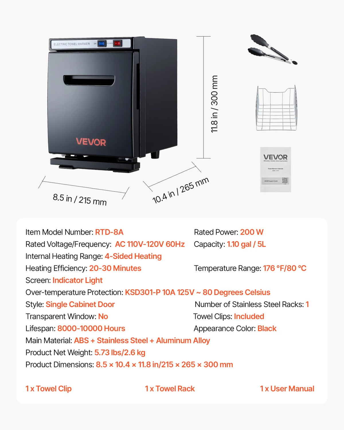 VEVOR Hot Towel Warmer, 1.1 gal Small Towel Warmer Cabinet with Clip & Stainless Steel Rack, Holds up 8-12 Towels, Portable All-Round Heating Cabinet for Spa, Barber, Manicures, Massage, Salon, Black - View 7