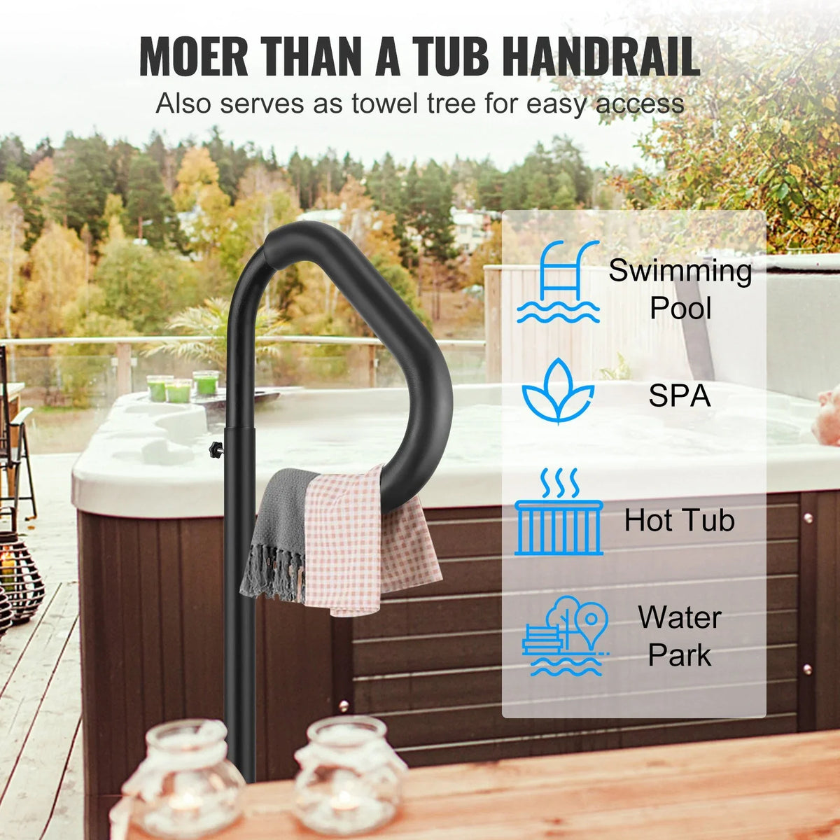 VEVOR Hot Tub Handrail, 360 Rotatable Spa Side Handrail with 48"-63" Adjustable Height, Rust-proof Aluminum Spa Step Hot Tub Hand Rail with Slide-Under Mount Base for Indoor & Outdoor, 600LBS Capacity - View 4