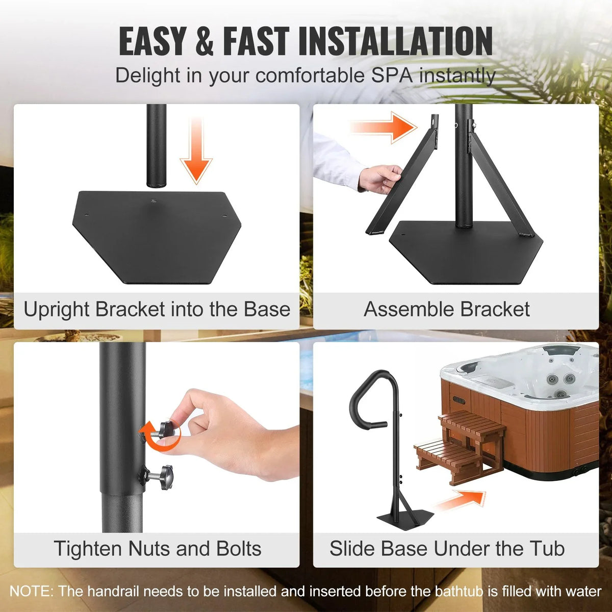 VEVOR Hot Tub Handrail, 360 Rotatable Spa Side Handrail with 48"-63" Adjustable Height, Rust-proof Aluminum Spa Step Hot Tub Hand Rail with Slide-Under Mount Base for Indoor & Outdoor, 600LBS Capacity - View 5