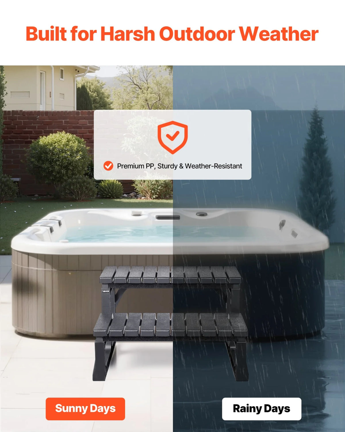 VEVOR Hot Tub Steps, 2-Step Spa Outdoor Stairs, Heavy Duty 23.6 inch Wide PP Above-Ground/Inflatable Pool Ladder with 320 lbs Weight Capacity, Multi-Use for Porch, Patio, Deck, Campers, Black - View 3