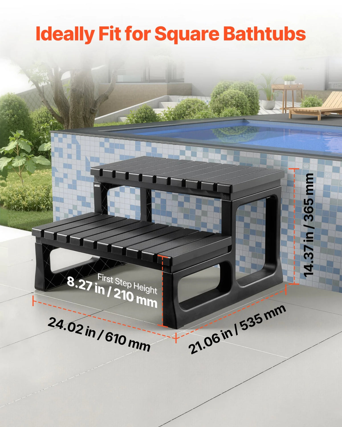 VEVOR Hot Tub Steps, 2-Step Spa Outdoor Stairs, Heavy Duty 23.6 inch Wide PP Above-Ground/Inflatable Pool Ladder with 320 lbs Weight Capacity, Multi-Use for Porch, Patio, Deck, Campers, Black - View 4
