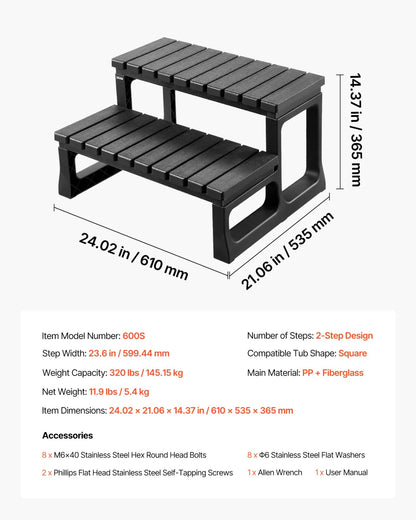 VEVOR Hot Tub Steps, 2-Step Spa Outdoor Stairs, Heavy Duty 23.6 inch Wide PP Above-Ground/Inflatable Pool Ladder with 320 lbs Weight Capacity, Multi-Use for Porch, Patio, Deck, Campers, Black - View 6
