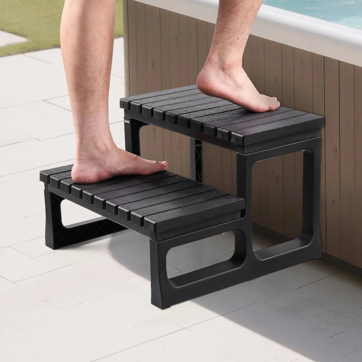 VEVOR Hot Tub Steps, 2-Step Spa Outdoor Stairs, Heavy Duty 23.6 inch Wide PP Above-Ground/Inflatable Pool Ladder with 320 lbs Weight Capacity, Multi-Use for Porch, Patio, Deck, Campers, Black - View 7