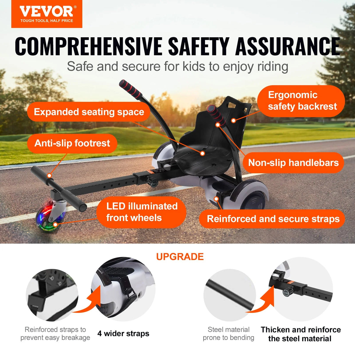 VEVOR Hoverboard Seat Attachment, for 6.5" 8" 8.5" 10" Hoverboards, with LED Lights, Grips Control, Adjustable Frame Length and 220 LBS Load Capacity, Hover Board Go Karts Accessory, for Kids Adults - View 2