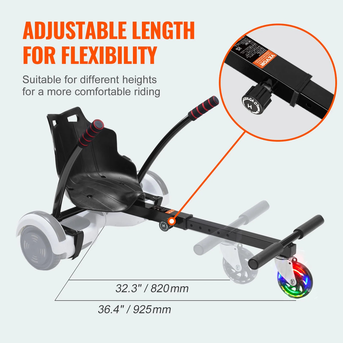 VEVOR Hoverboard Seat Attachment, for 6.5" 8" 8.5" 10" Hoverboards, with LED Lights, Grips Control, Adjustable Frame Length and 220 LBS Load Capacity, Hover Board Go Karts Accessory, for Kids Adults - View 3