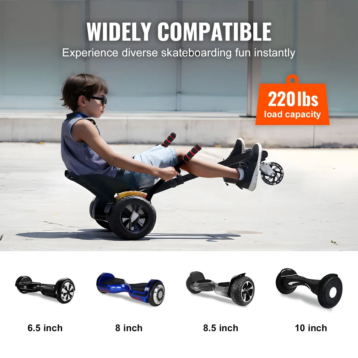 VEVOR Hoverboard Seat Attachment, for 6.5" 8" 8.5" 10" Hoverboards, with LED Lights, Grips Control, Adjustable Frame Length and 220 LBS Load Capacity, Hover Board Go Karts Accessory, for Kids Adults - View 5