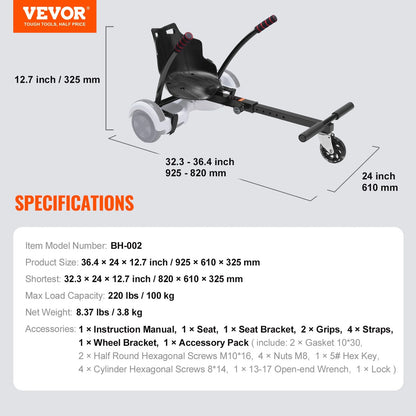 VEVOR Hoverboard Seat Attachment, for 6.5" 8" 8.5" 10" Hoverboards, with LED Lights, Grips Control, Adjustable Frame Length and 220 LBS Load Capacity, Hover Board Go Karts Accessory, for Kids Adults - View 7