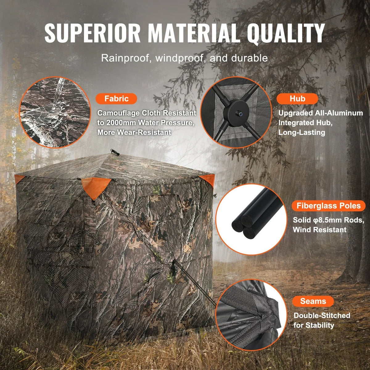 VEVOR Hunting Blind, 270° See Through Ground Blind, 1-2 Person Pop Up Deer Blind for Hunting with Carrying Bag, Portable Resilient Hunting Tent, One-Way See-Through Mesh for Turkey and Deer Hunting - View 2