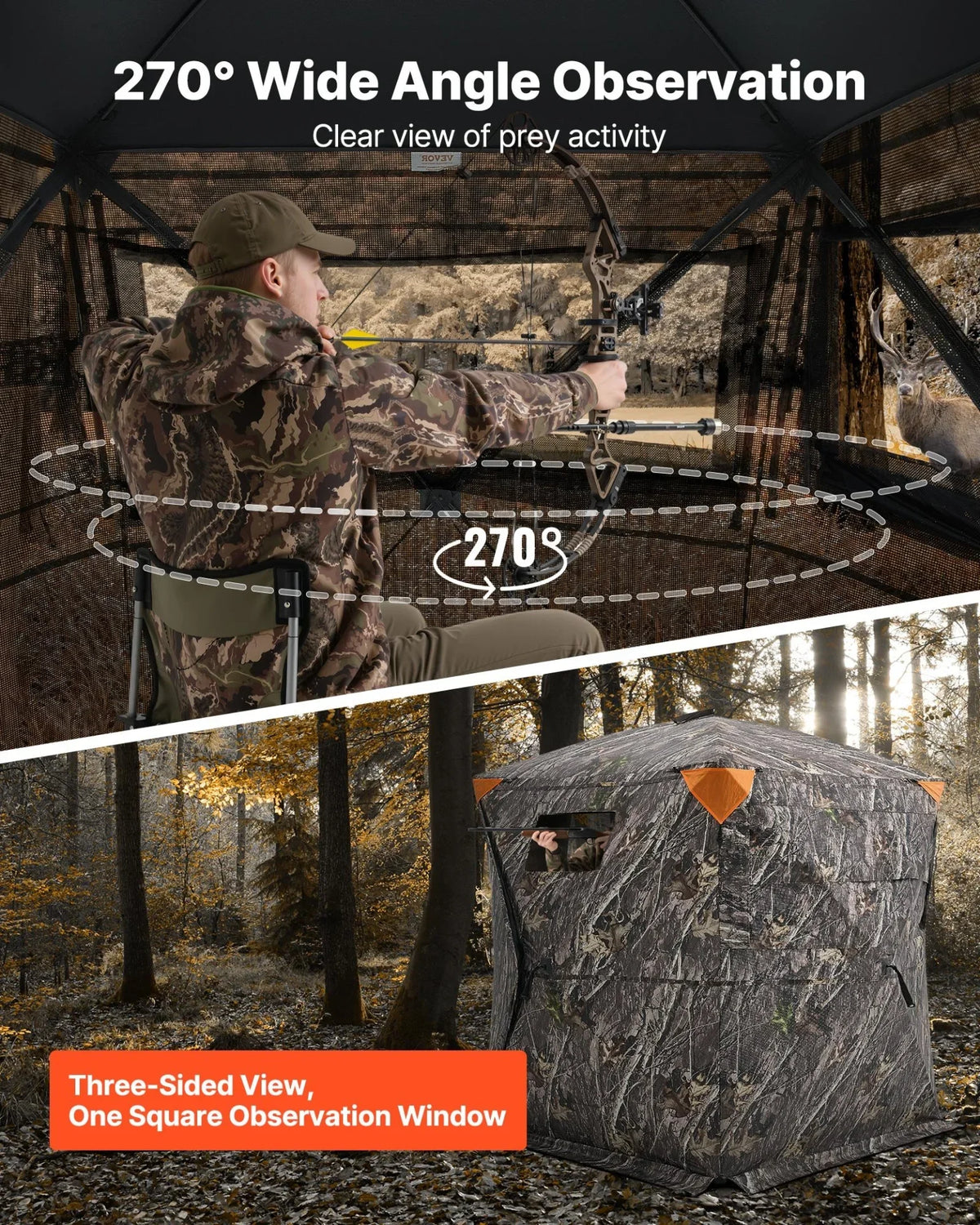 VEVOR Hunting Blind, 270° See Through Ground Blind, 1-2 Person Pop Up Deer Blind for Hunting with Carrying Bag, Portable Resilient Hunting Tent, One-Way See-Through Mesh for Turkey and Deer Hunting - View 3
