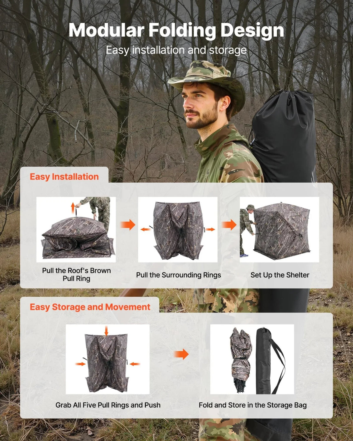 VEVOR Hunting Blind, 270° See Through Ground Blind, 1-2 Person Pop Up Deer Blind for Hunting with Carrying Bag, Portable Resilient Hunting Tent, One-Way See-Through Mesh for Turkey and Deer Hunting - View 7