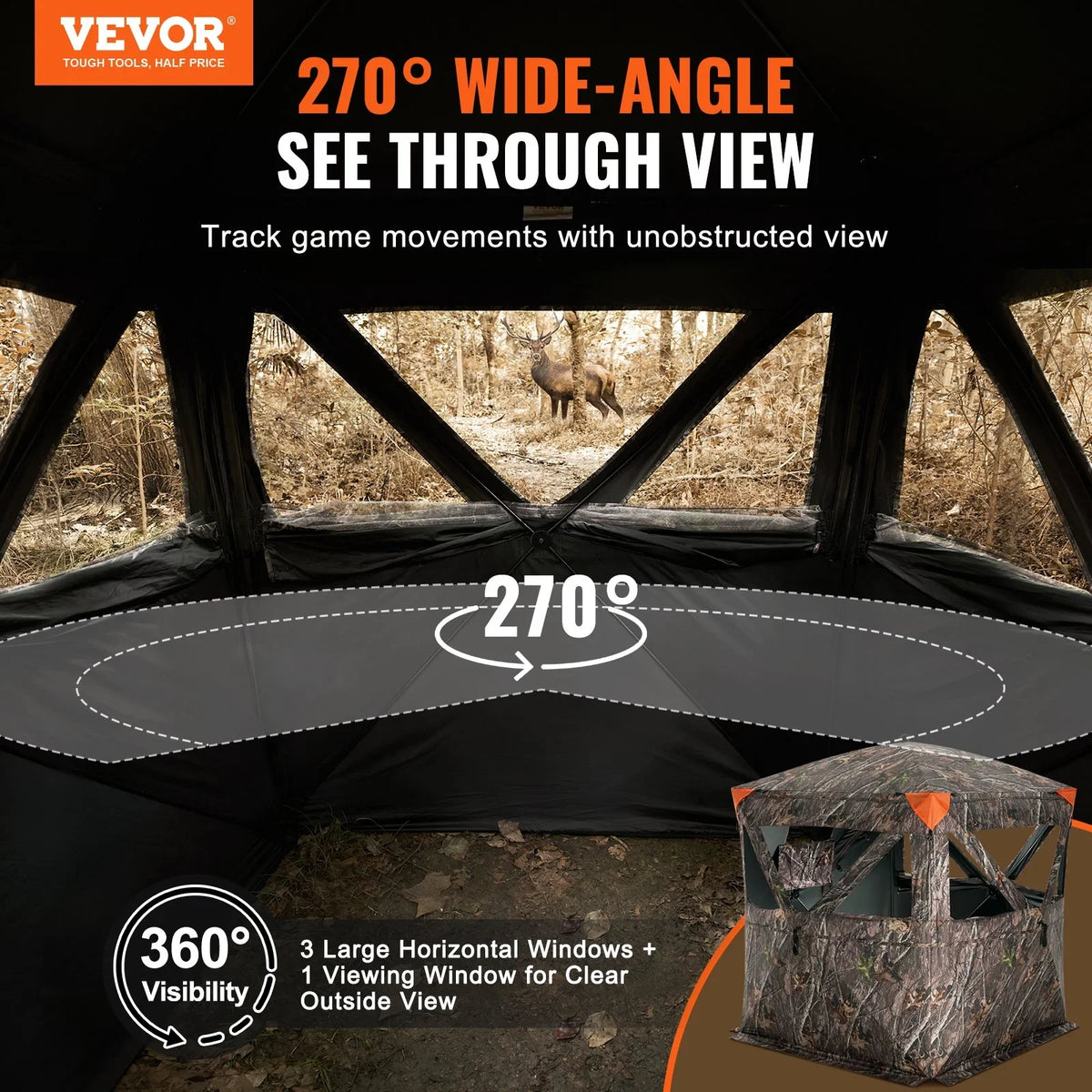 VEVOR Hunting Blind, 270° See Through Ground Blind, 2-3 Person Pop Up Deer Blind for Hunting with Carrying Bag, Portable Resilient Hunting Tent, 3 Horizontal Windows for Turkey and Deer Hunting - View 2