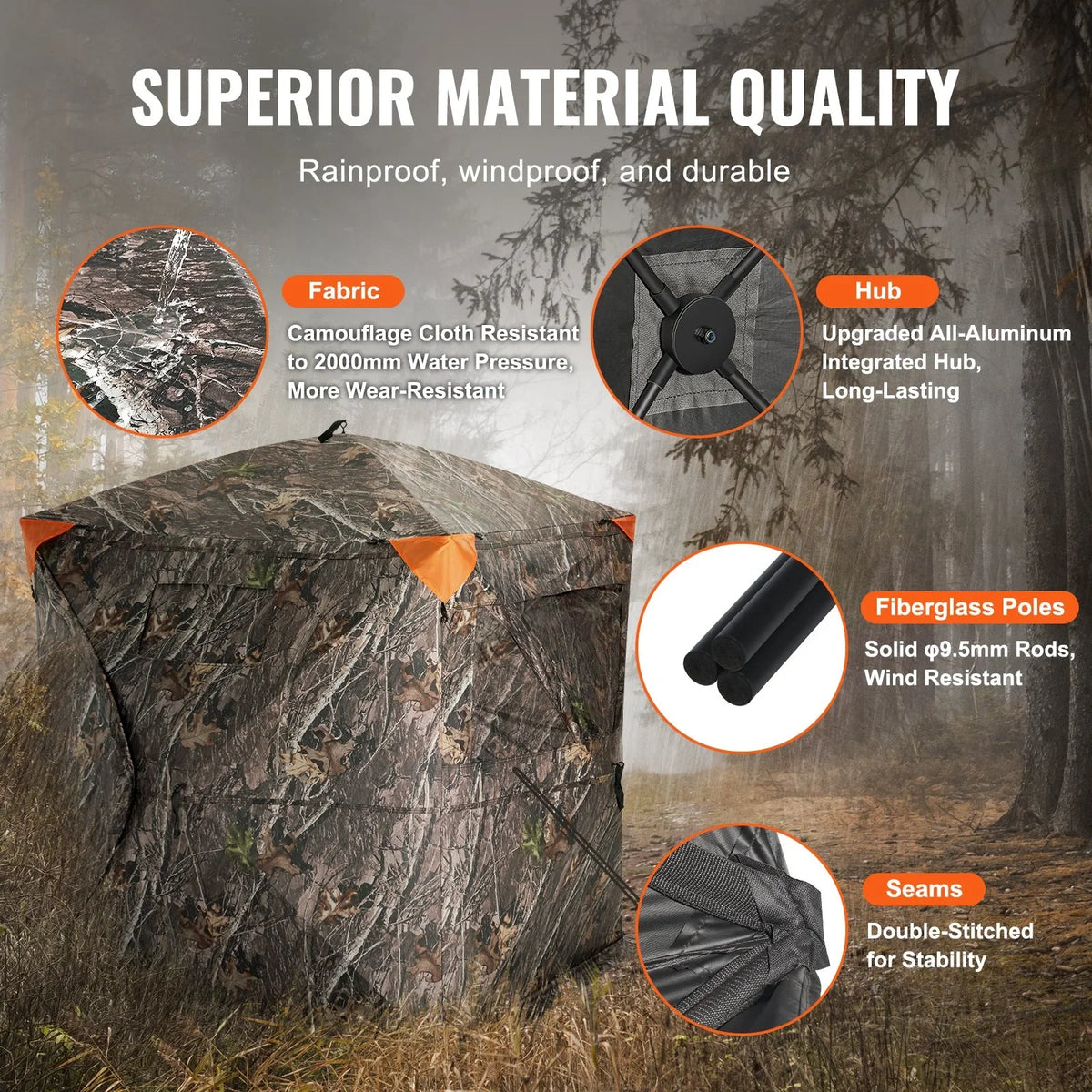 VEVOR Hunting Blind, 270° See Through Ground Blind, 2-3 Person Pop Up Deer Blind for Hunting with Carrying Bag, Portable Resilient Hunting Tent, 3 Horizontal Windows for Turkey and Deer Hunting - View 4