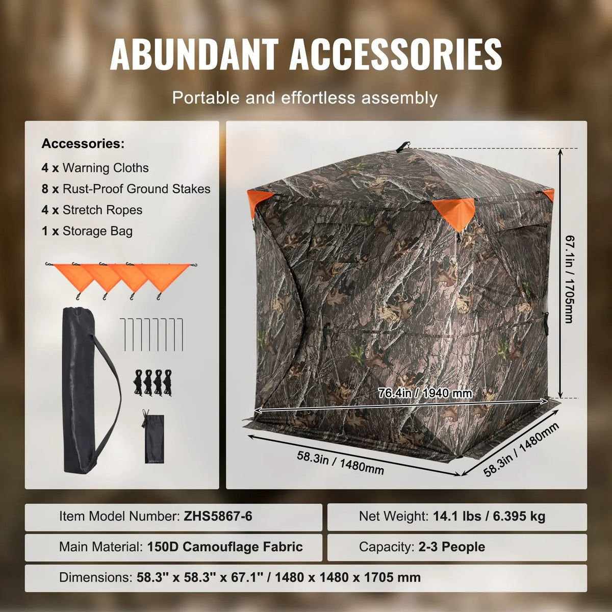 VEVOR Hunting Blind, 270° See Through Ground Blind, 2-3 Person Pop Up Deer Blind for Hunting with Carrying Bag, Portable Resilient Hunting Tent, 3 Horizontal Windows for Turkey and Deer Hunting - View 6