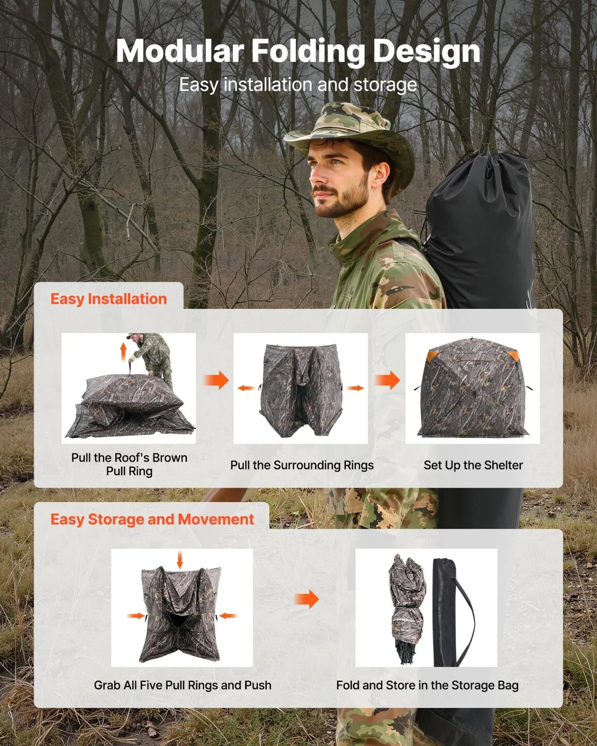 VEVOR Hunting Blind, 270° See Through Ground Blind, 4-5 Person Pop Up Deer Blind for Hunting with Carrying Bag, Portable Resilient Hunting Tent, One-Way See-Through Mesh for Turkey and Deer Hunting - View 6