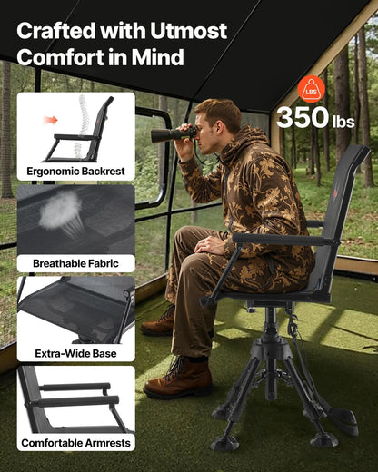 VEVOR Hunting Chair, 360° Silent Swivel, Foldable Portable Blind Chair, Heavy-Duty Steel Frame Ground Stool Seat,with Armrests, Anti-Sink Feet, Height Adjustable, 350 Lbs Capacity for Fishing Camping