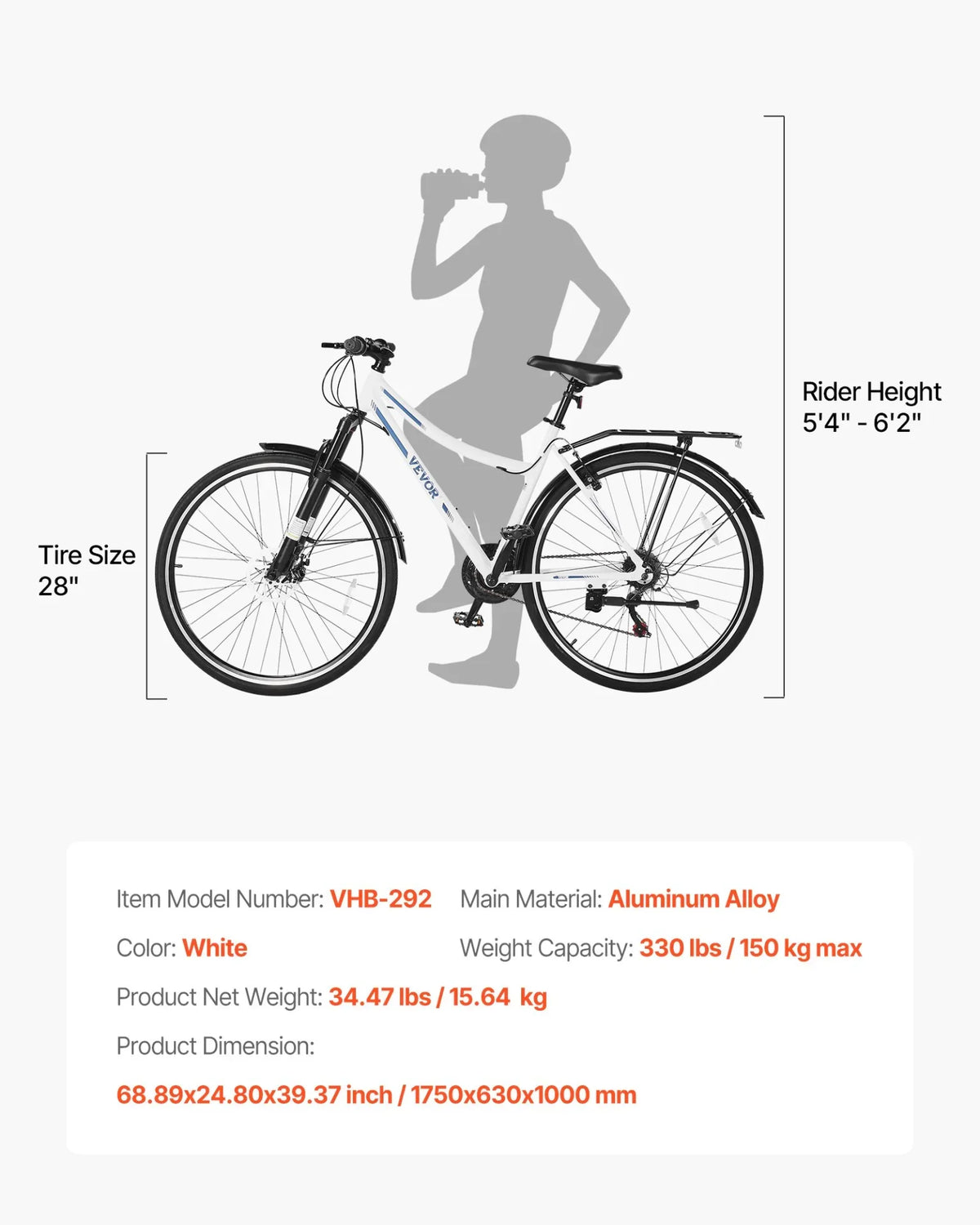VEVOR Hybrid Bike Mens Hybrid Bicycle City Commuter Bikes 700c 21-Speed Shimano - View 7