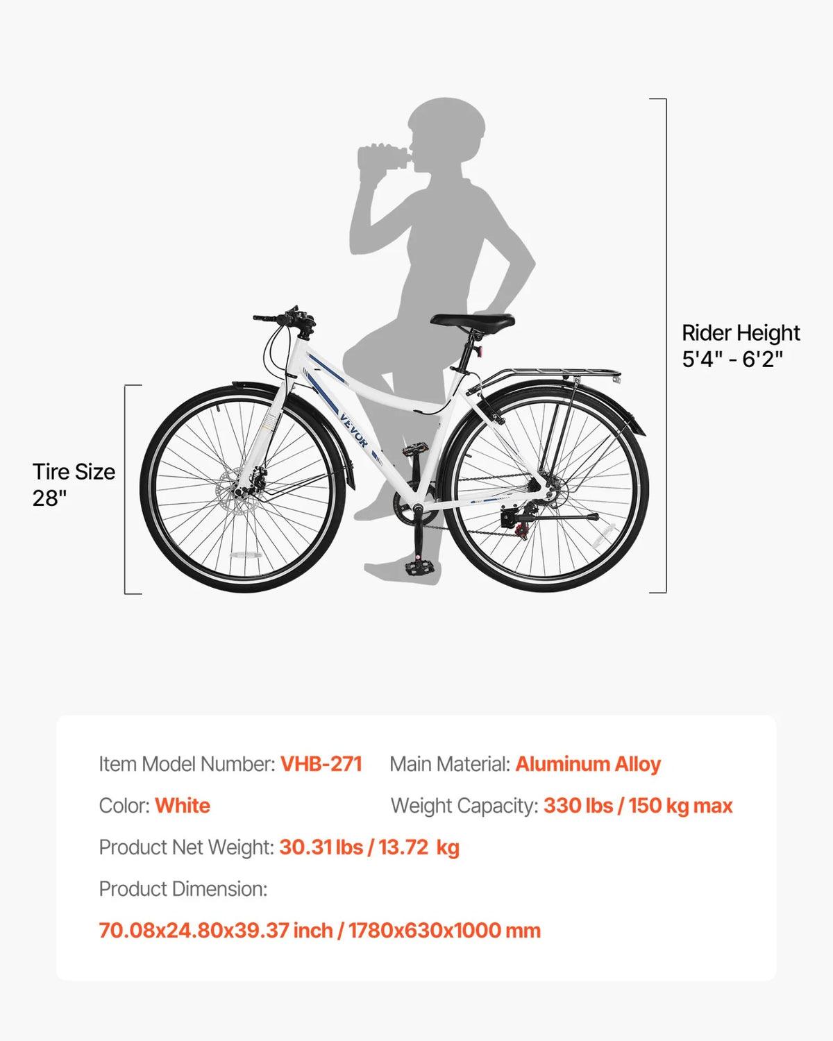 VEVOR Hybrid Bike Mens Hybrid Bicycle City Commuter Bikes 700c 7-Speed Shimano - View 7