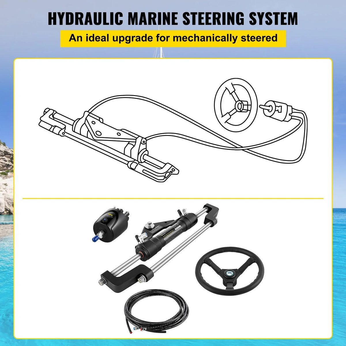VEVOR Hydraulic Boat Steering Kit, 300HP Hydraulic Steering Kit Helm Pump, Cylinder, Wheel, 24 Feet Hose Hydraulic Steering Seal Kit, Corrosion-Resistant Boat Steering System Marine Steering Kit - View 2