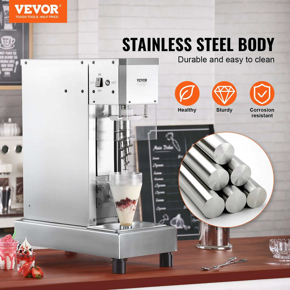 VEVOR Ice Cream Blender, 750W High-Speed Ice Cream Maker Mixer Stir Machine 1740RPM, 304 Stainless Steel Ice Cream Shaker, Long Handle + PC Protective Shield, Customizable with any Flavor of Ice Cream