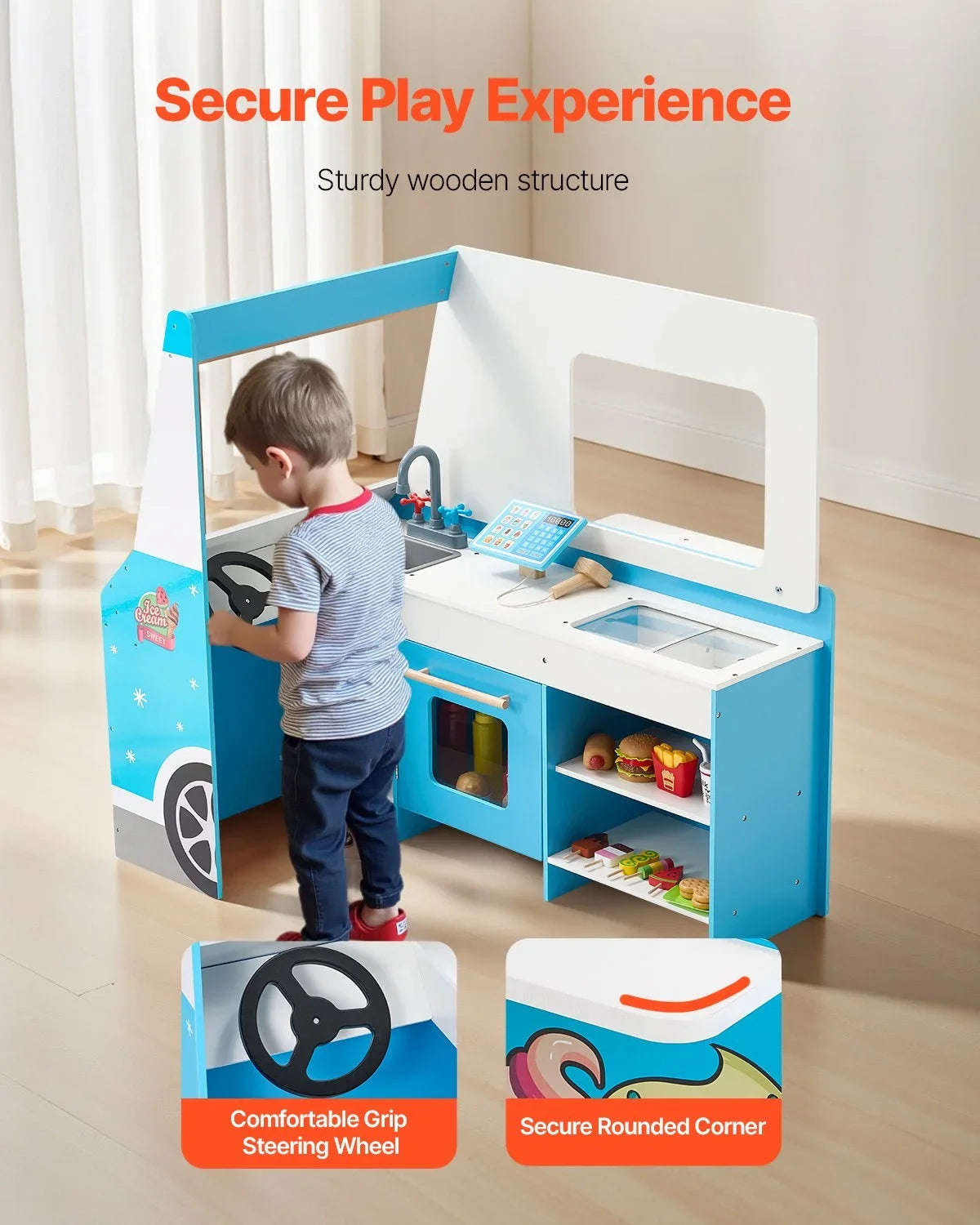 VEVOR Ice Cream Cart for Kids, 20+ PCS Ice Cream Truck Wooden Playset, Pretend Play Stand with Steering Wheel & Chalkboard, Payment Scanner & Freezer, Faucet & Sink, Suitable for Kids 3-7 Years Old - View 5