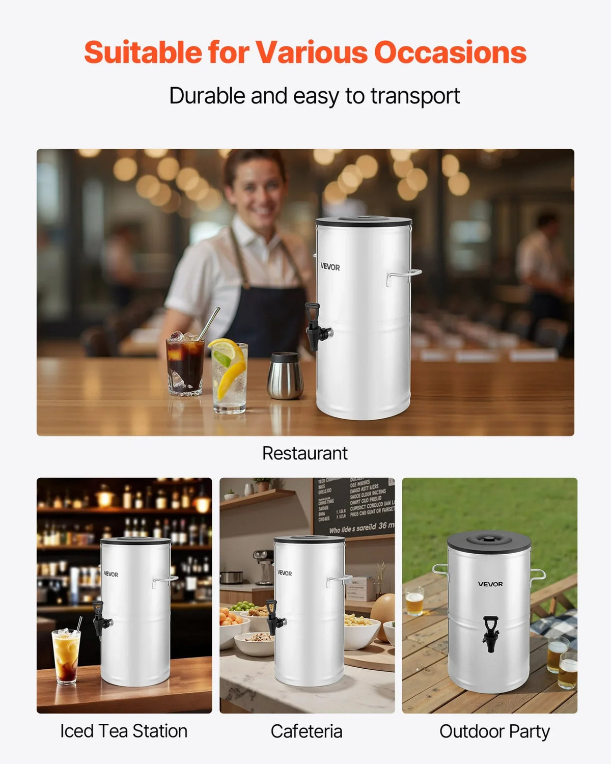 VEVOR Ice Tea Dispenser, 4 Gal/15L 304 Stainless Steel Beverage Dispenser with Spigot & Handle, Suitable for Hot and Cold Drinks, for Iced Tea Coffee Water in Cafes & Restaurants - View 6