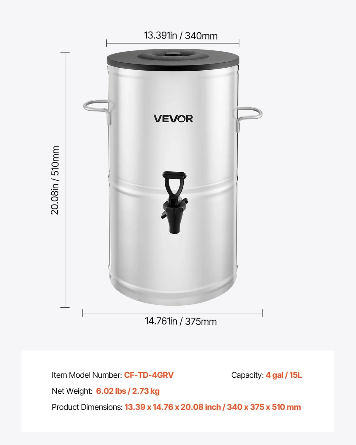 VEVOR Ice Tea Dispenser, 4 Gal/15L 304 Stainless Steel Beverage Dispenser with Spigot & Handle, Suitable for Hot and Cold Drinks, for Iced Tea Coffee Water in Cafes & Restaurants - View 7