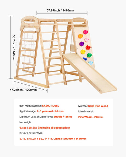 VEVOR Indoor Jungle Gym, 7-in-1 Toddler Indoor Playground, 47.2 x 58 x 56 inch, with Wood and Rope Ladder, Net Ladder, Swing, Monkey Bar, Slide, Climbing Wall, Wooden Indoor Climbing Toys for Kids - View 6