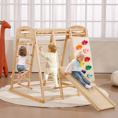 VEVOR Indoor Jungle Gym, 7-in-1 Toddler Indoor Playground, 47.2 x 58 x 56 inch, with Wood and Rope Ladder, Net Ladder, Swing, Monkey Bar, Slide, Climbing Wall, Wooden Indoor Climbing Toys for Kids - View 7
