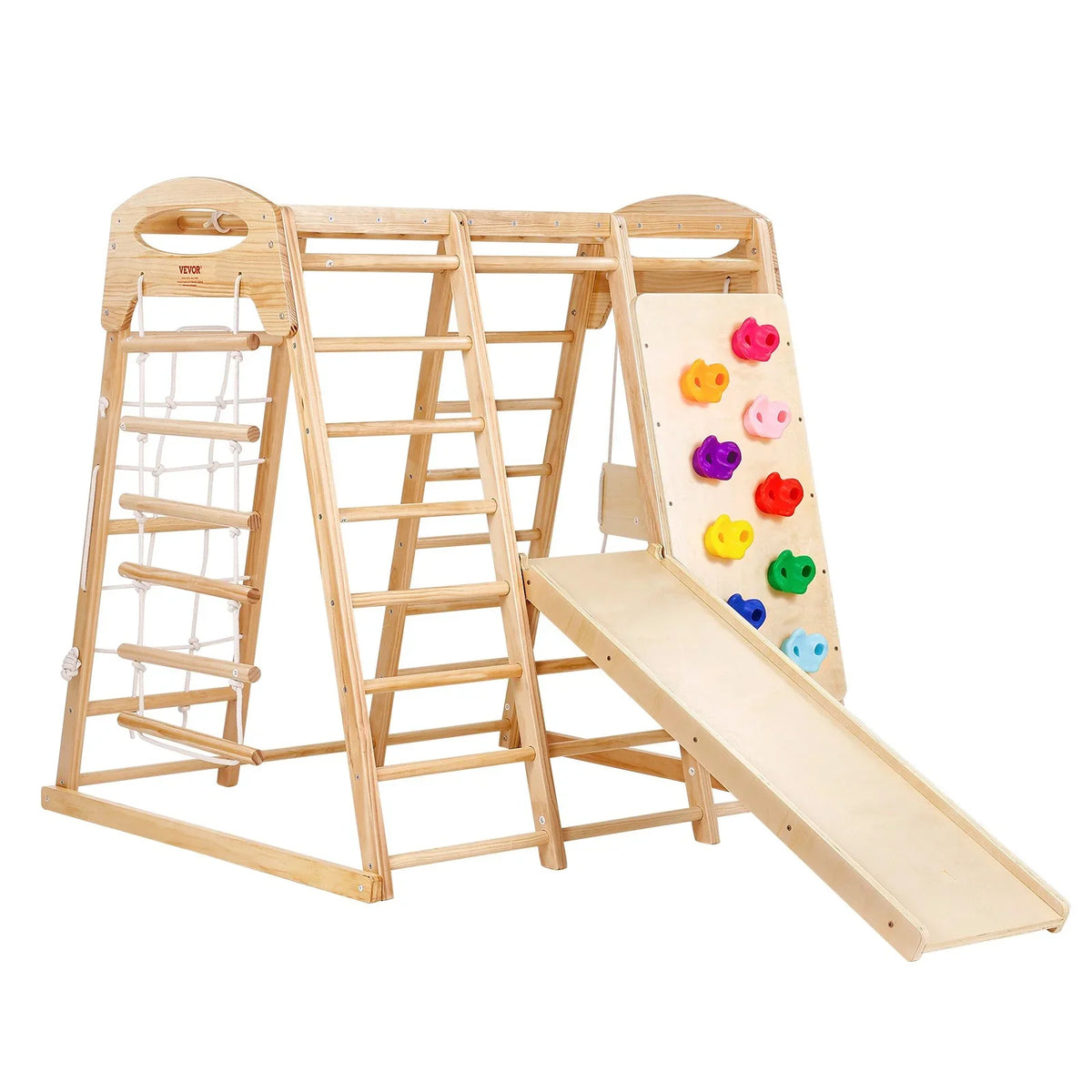 VEVOR Indoor Jungle Gym, 7-in-1 Toddler Indoor Playground, Wooden Toddler Climbing Toys Indoor with Wood & Rope Ladder, Net Ladder, Swing, Monkey Bar, Slide, Climbing Wall, 43 x 47.2 x 47in - View 10