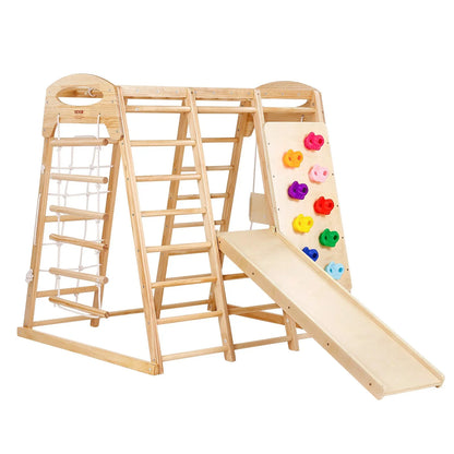 VEVOR Indoor Jungle Gym, 7-in-1 Toddler Indoor Playground, Wooden Toddler Climbing Toys Indoor with Wood & Rope Ladder, Net Ladder, Swing, Monkey Bar, Slide, Climbing Wall, 43 x 47.2 x 47in - View 10