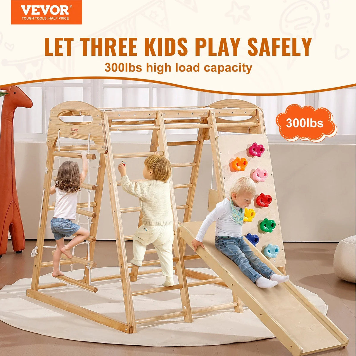 VEVOR Indoor Jungle Gym, 7-in-1 Toddler Indoor Playground, Wooden Toddler Climbing Toys Indoor with Wood & Rope Ladder, Net Ladder, Swing, Monkey Bar, Slide, Climbing Wall, 43 x 47.2 x 47in - View 11