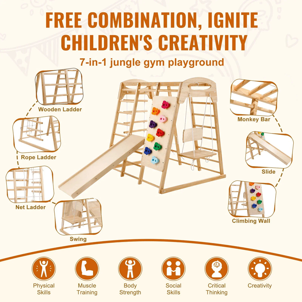 VEVOR Indoor Jungle Gym, 7-in-1 Toddler Indoor Playground, Wooden Toddler Climbing Toys Indoor with Wood & Rope Ladder, Net Ladder, Swing, Monkey Bar, Slide, Climbing Wall, 43 x 47.2 x 47in - View 12