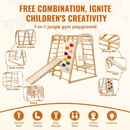 VEVOR Indoor Jungle Gym, 7-in-1 Toddler Indoor Playground, Wooden Toddler Climbing Toys Indoor with Wood & Rope Ladder, Net Ladder, Swing, Monkey Bar, Slide, Climbing Wall, 43 x 47.2 x 47in - View 12