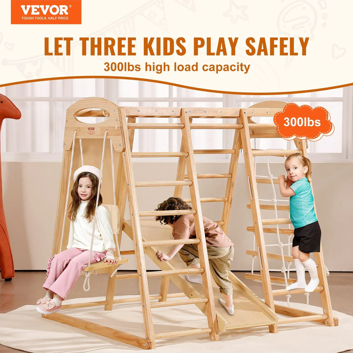 VEVOR Indoor Jungle Gym, 7-in-1 Toddler Indoor Playground, Wooden Toddler Climbing Toys Indoor with Wood & Rope Ladder, Net Ladder, Swing, Monkey Bar, Slide, Climbing Wall, 43 x 47.2 x 47in - View 2