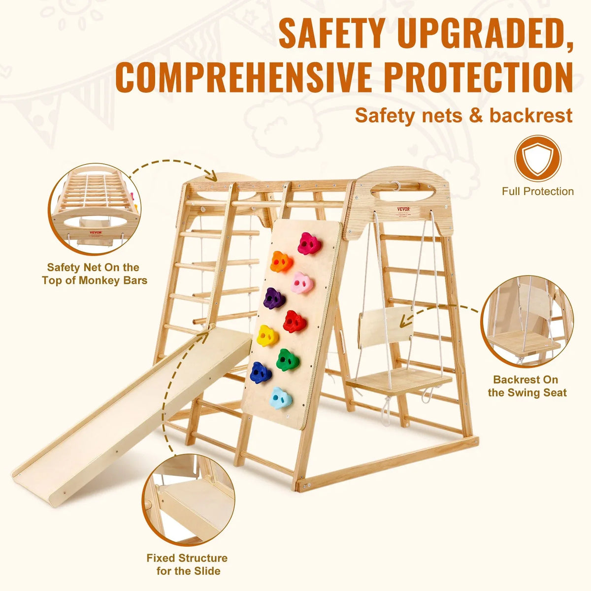 VEVOR Indoor Jungle Gym, 7-in-1 Toddler Indoor Playground, Wooden Toddler Climbing Toys Indoor with Wood & Rope Ladder, Net Ladder, Swing, Monkey Bar, Slide, Climbing Wall, 43 x 47.2 x 47in - View 5