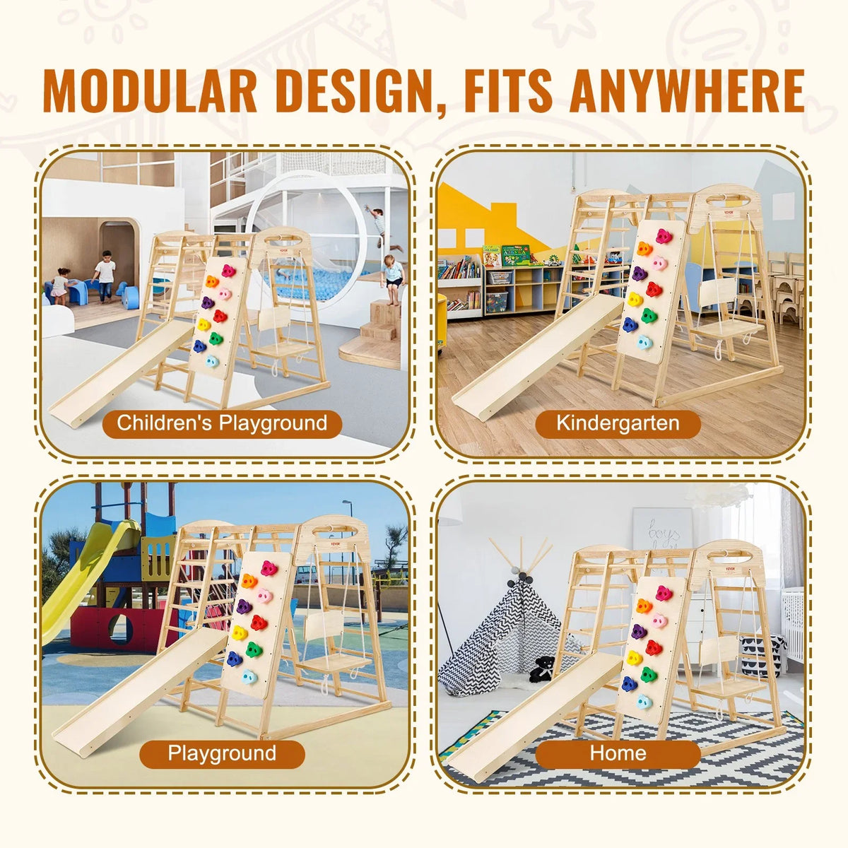 VEVOR Indoor Jungle Gym, 7-in-1 Toddler Indoor Playground, Wooden Toddler Climbing Toys Indoor with Wood & Rope Ladder, Net Ladder, Swing, Monkey Bar, Slide, Climbing Wall, 43 x 47.2 x 47in - View 6
