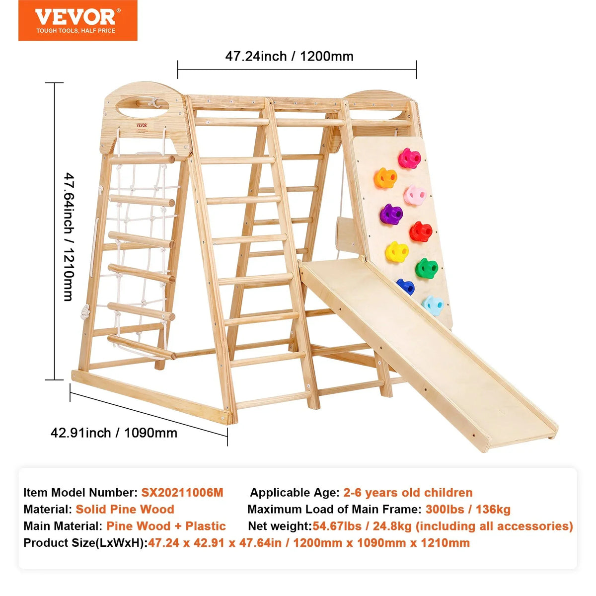 VEVOR Indoor Jungle Gym, 7-in-1 Toddler Indoor Playground, Wooden Toddler Climbing Toys Indoor with Wood & Rope Ladder, Net Ladder, Swing, Monkey Bar, Slide, Climbing Wall, 43 x 47.2 x 47in - View 7