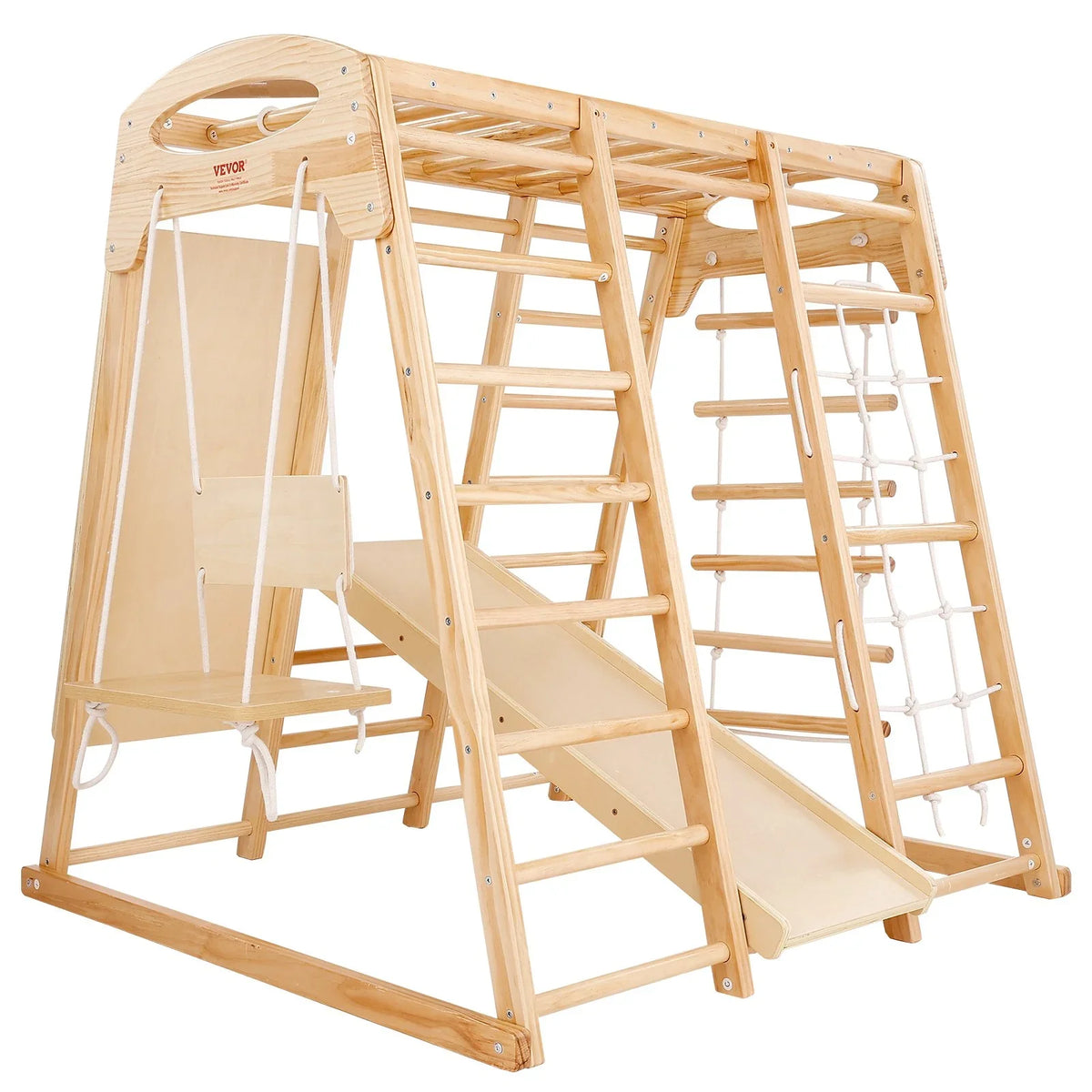 VEVOR Indoor Jungle Gym, 7-in-1 Toddler Indoor Playground, Wooden Toddler Climbing Toys Indoor with Wood & Rope Ladder, Net Ladder, Swing, Monkey Bar, Slide, Climbing Wall, 43 x 47.2 x 47in - View 9