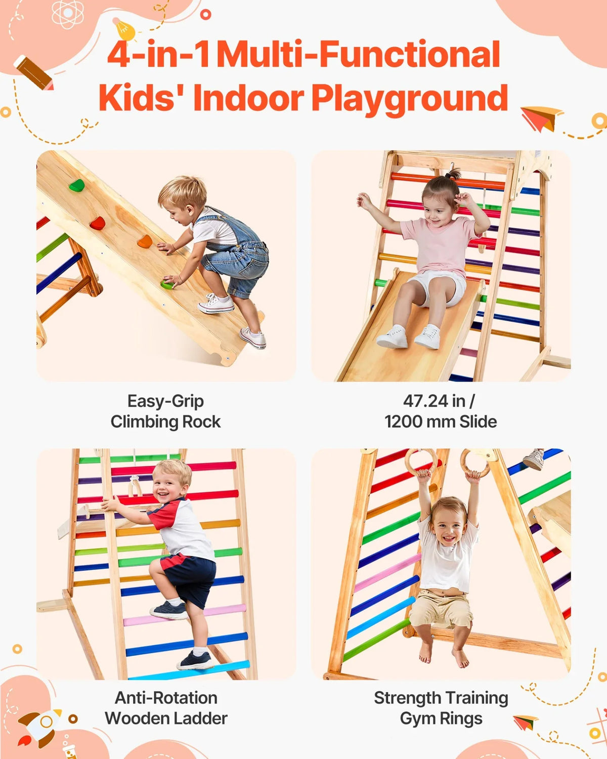 VEVOR Indoor Playground Jungle Gym 4-in-1 Wooden Indoor Playground Playset - View 2
