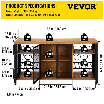 VEVOR Industrial Bar Cabinet, 55 Inch Rustic Oak, 330 LBS Wine Table for Liquor with Wine Racks (24 Bottles), Glass Holders and Metal Sideboard, Farmhouse Wood Coffee Bar for Living Room, Dining Room - View 6