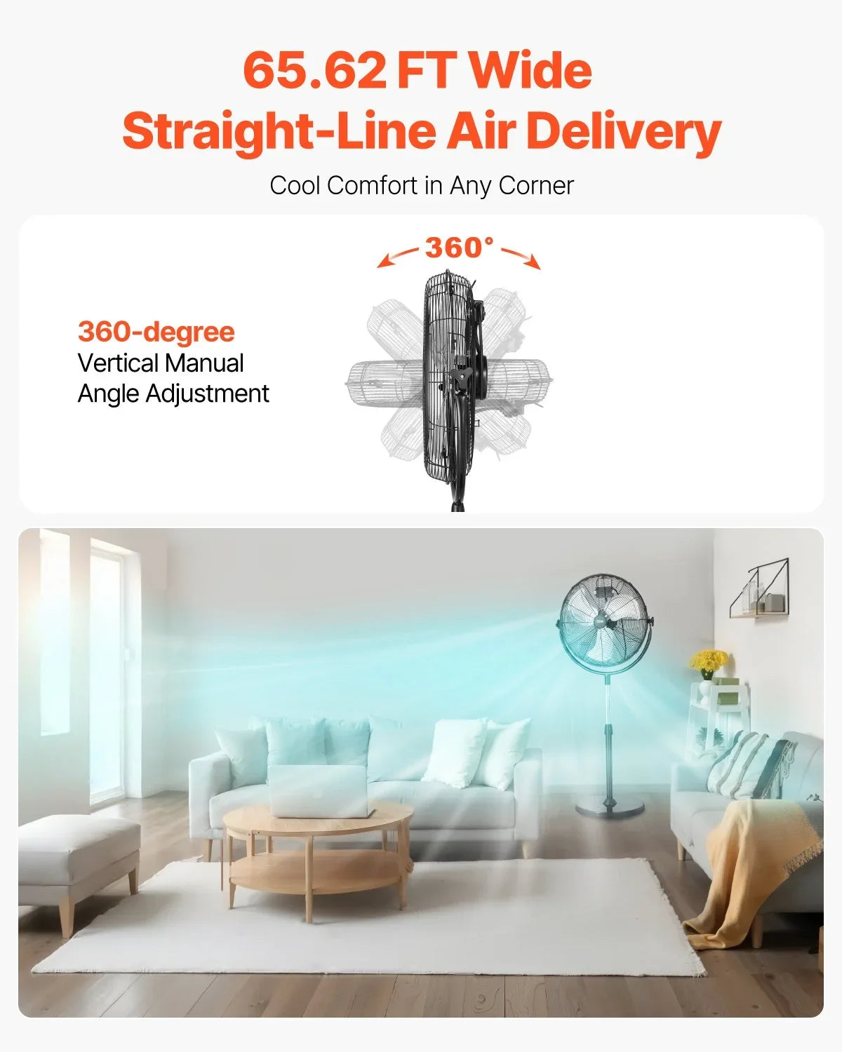 VEVOR Industrial Pedestal Fan, 20 Inch Standing Fan with 46.9 to 59.6 Inches Adjustable Height, Floor Fans with 3 Adjustable Speeds, High Power Fans for Warehouse,Garage,Commercial,Residential, Black - View 4