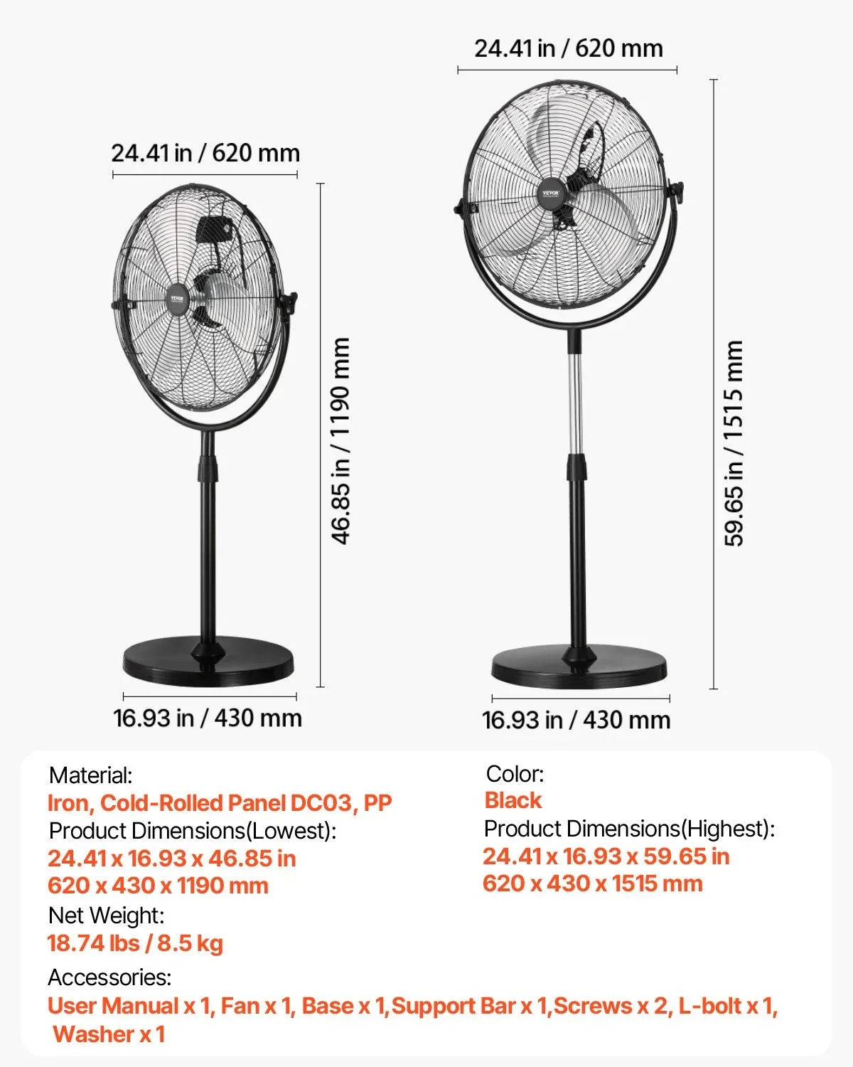 VEVOR Industrial Pedestal Fan, 20 Inch Standing Fan with 46.9 to 59.6 Inches Adjustable Height, Floor Fans with 3 Adjustable Speeds, High Power Fans for Warehouse,Garage,Commercial,Residential, Black - View 7